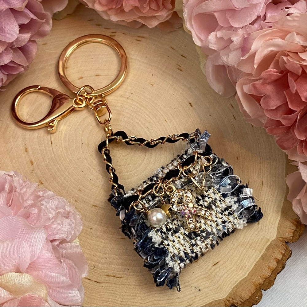 Blue and Black Textured Fabric Handbag Keychain Charm - Picture 7 of 16